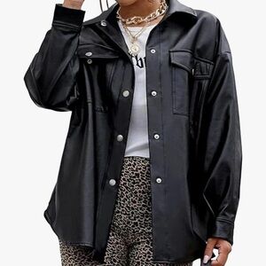 Boutique Womens Black Faux Leather Button Down Jacket Shirt‎ Shacket Coat Medium
